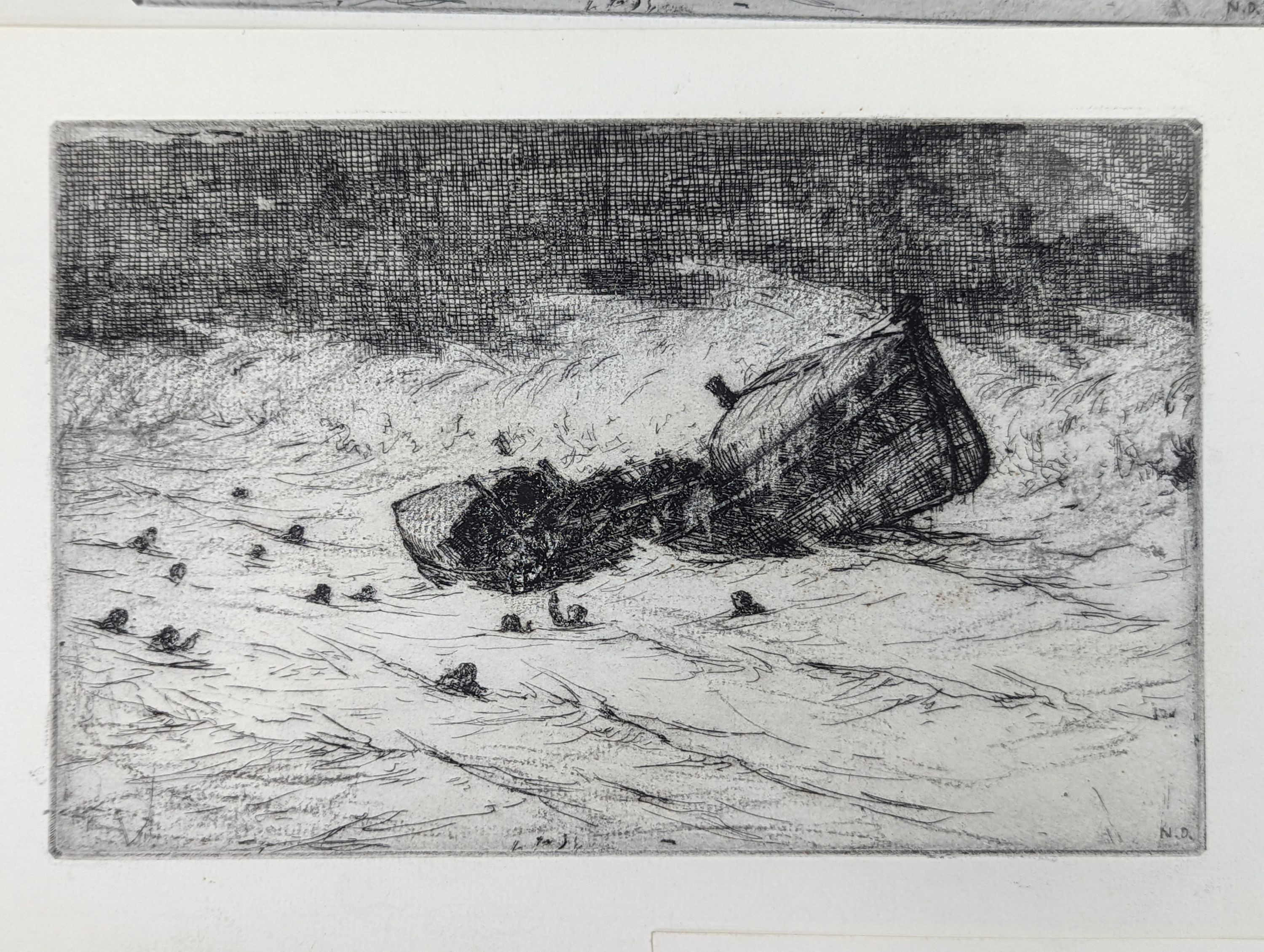 Nelson Dawson (1859-1941) etchings and drawings for 'Lifeboat Upset'